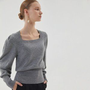 Hae by Haekim Wool/Cashmere Blend Square Neck Puff Sleeve Sweater M Gray